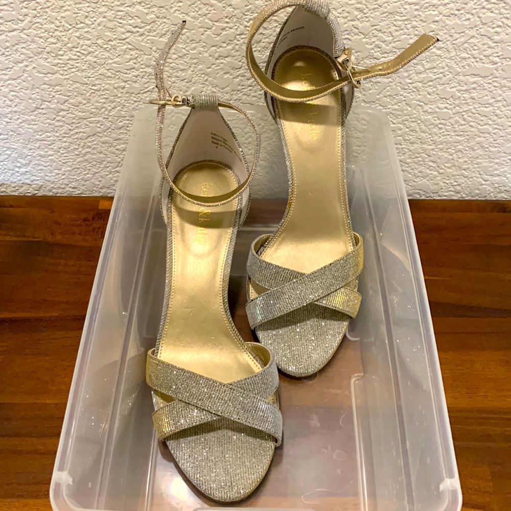 Sparkling silver/gold dress heels w/ankle strap. Says size 9, but fits 9.5/10